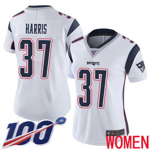 New England Patriots Football 37 100th Season Limited White Women Damien Harris Road NFL Jersey